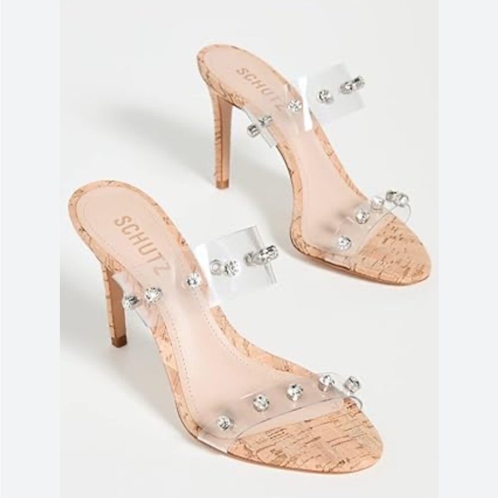SCHUTZ Ariella Cork PVC Studded Slip On Embellished High Heel Sandals